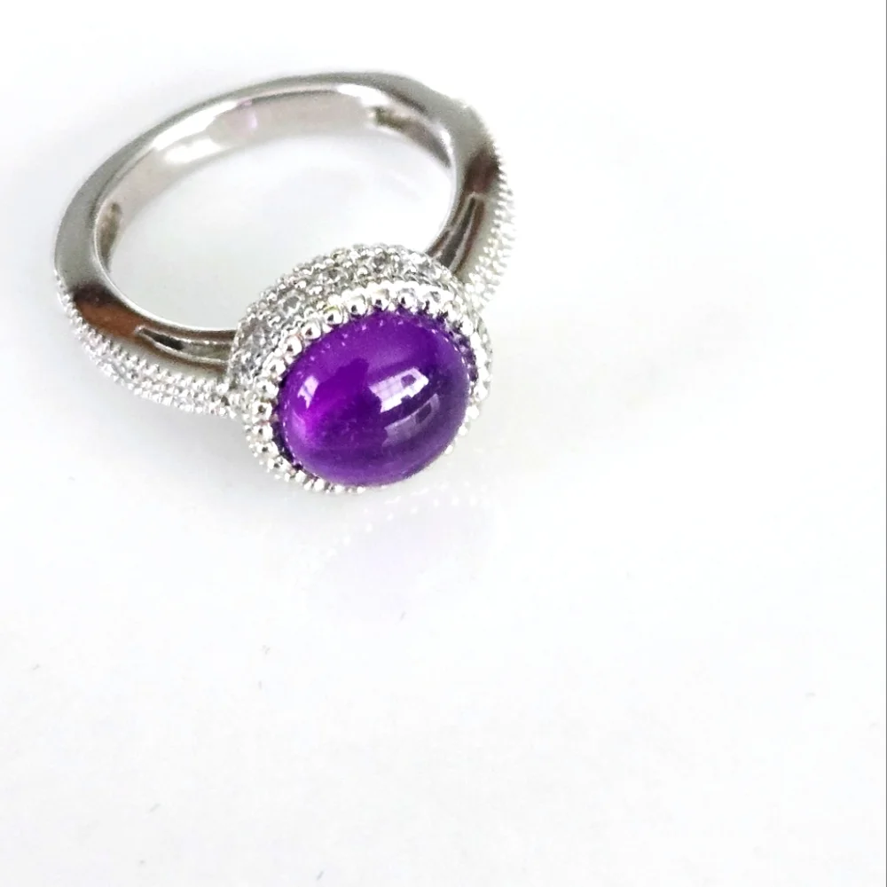 925 Sterling Silver Purple Gemstone Halo Statement Ring